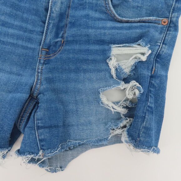 American Eagle Women 8 Midi Blue Jean Denim Shorts Embroidered Flower Distressed - Picture 4 of 12